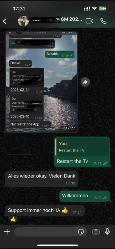 Deutsch IPTV WhatsApp Support Screenshot Erfahrung
